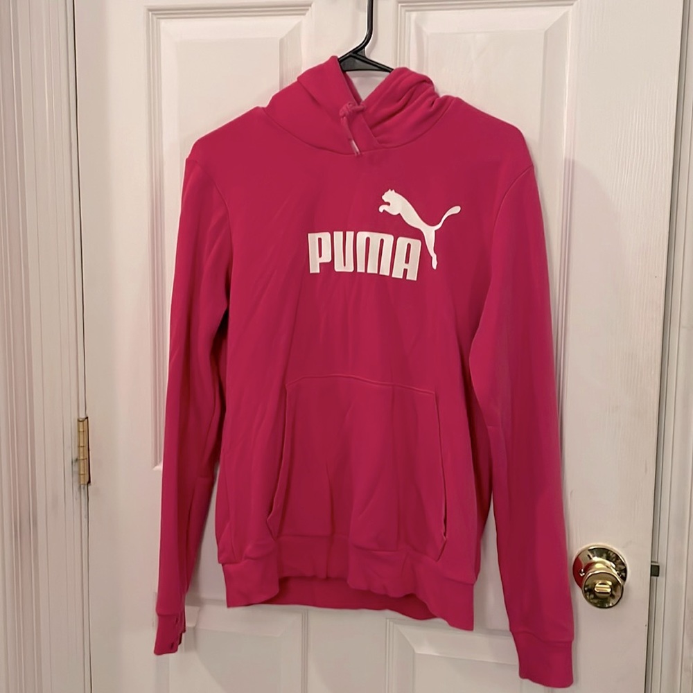 Hot pink Puma hoodie with white lettering, size L